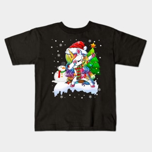 Dab Dance Unicorn Funny Christmas Lights Dabbing Unicorn Snowman Xmas Kids T-Shirt